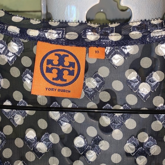 Tory Burch Polka Dot Silk Lace Up Semi Sheer Blouse Size 10 Navy - Picture 5 of 10
